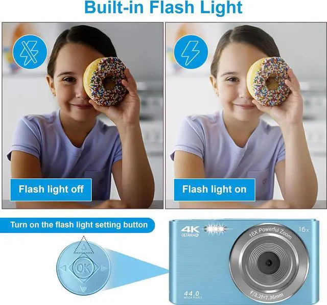 Alt view image 7 of 7 - Digital Camera for Teens, FHD 4K 44MP Digital Camera Autofocus with 64GB SD Card 16X Zoom, Cameras for Photography Compact Point and Shoot Camera for Teen Boy Girl Kids Camera Beginner