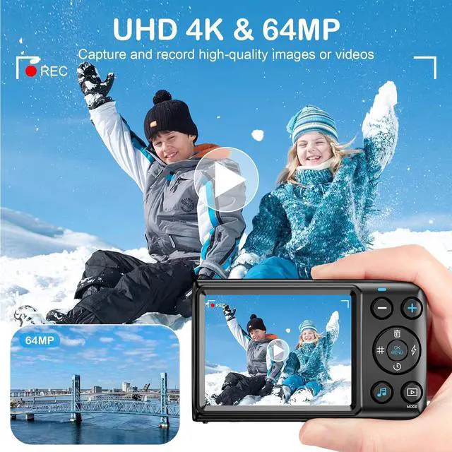Alt view image 2 of 7 - Digital Camera, 4K Kids Camera for Photography, 64MP MP3 Player Compact Video Camera 18X Digital Zoom Vlogging Camera for YouTube, Auto Focus Point and Shoot Digital Cameras Gift for Students Teens