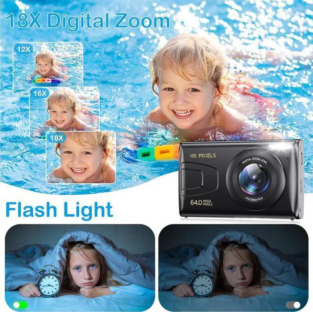 Alt view image 3 of 7 - Digital Camera, 4K Kids Camera for Photography, 64MP MP3 Player Compact Video Camera 18X Digital Zoom Vlogging Camera for YouTube, Auto Focus Point and Shoot Digital Cameras Gift for Students Teens