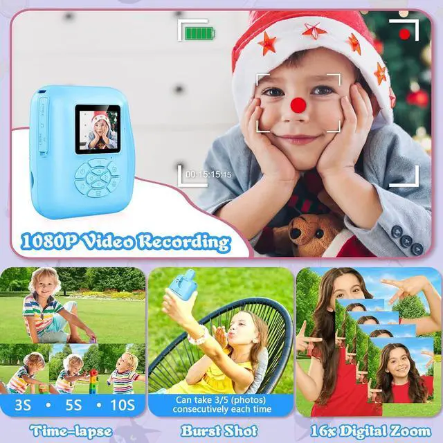 Alt view image 4 of 7 - Kids Camera Instant Print, Toy for Kid Christmas Birthday Gift for Boy Girl Age 3-12, 12MP Selfie Toddler Portable Digital Camera, 1080P Child Travel Video Camera with Print Paper, 32GB SD Card-Blue