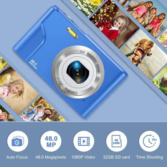Alt view image 5 of 7 - Digital Camera Auto Focus Point and Shoot Camera, FHD 1080P 48MP Kids Camera with 32GB Memory Card,16X Zoom Vlogging Camera Small Digital Cameras for Kids Teenagers Students Blue