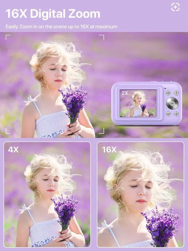 Alt view image 3 of 7 - Digital Camera, FHD 1080P Kids Camera with 32GB SD Card 16X Digital Zoom Portable Small Camera, Compact Point and Shoot Camera Mini Digital Camera for Teens Kids Boys Girls Students Seniors - Purple