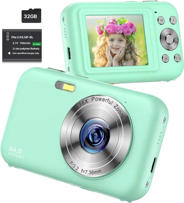 Main image of Digital Camera, FHD 1080P Kids Camera with 32GB SD Card 16X Digital Zoom Portable Small Camera, Compact Point and Shoot Camera Mini Digital Camera for Teens Kids Boys Girls Students Seniors - Green