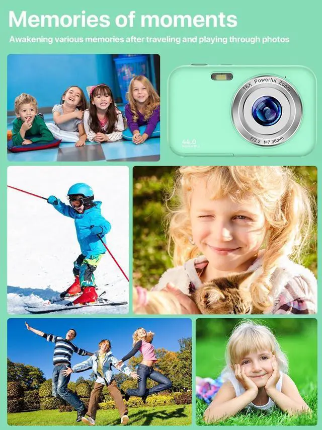 Alt view image 7 of 7 - Digital Camera, FHD 1080P Kids Camera with 32GB SD Card 16X Digital Zoom Portable Small Camera, Compact Point and Shoot Camera Mini Digital Camera for Teens Kids Boys Girls Students Seniors - Green