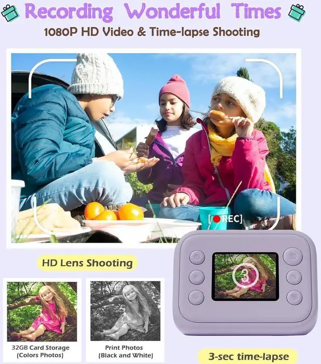 Alt view image 3 of 6 - Joytrip Instant Print Camera for Kids, Christmas Birthday Gift for Girls Age 3-12, Print Black White Photo Digital Video Cameras for 5 6 7 8 9 10 11 Year Old Girls Boys Gift with 32GB Card (Purple)