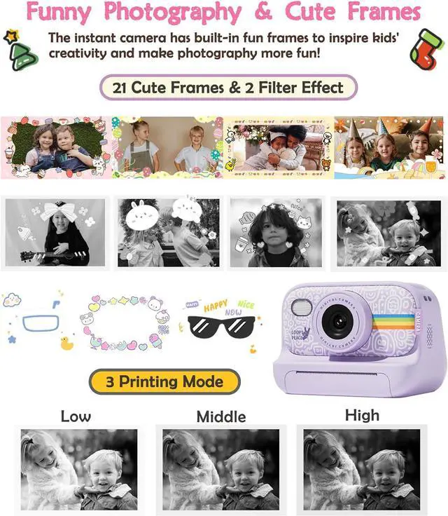 Alt view image 4 of 6 - Joytrip Instant Print Camera for Kids, Christmas Birthday Gift for Girls Age 3-12, Print Black White Photo Digital Video Cameras for 5 6 7 8 9 10 11 Year Old Girls Boys Gift with 32GB Card (Purple)