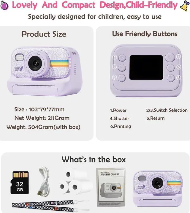 Alt view image 5 of 6 - Joytrip Instant Print Camera for Kids, Christmas Birthday Gift for Girls Age 3-12, Print Black White Photo Digital Video Cameras for 5 6 7 8 9 10 11 Year Old Girls Boys Gift with 32GB Card (Purple)