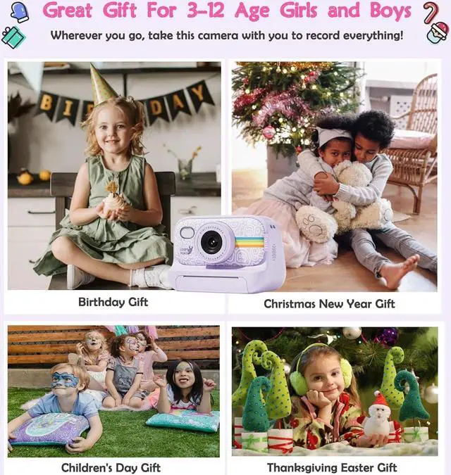 Alt view image 6 of 6 - Joytrip Instant Print Camera for Kids, Christmas Birthday Gift for Girls Age 3-12, Print Black White Photo Digital Video Cameras for 5 6 7 8 9 10 11 Year Old Girls Boys Gift with 32GB Card (Purple)