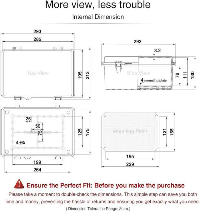 Alt view image 6 of 7 - QILIPSU Waterproof Junction Box Outdoor Electrical Enclosure IP67 Plastic Weatherproof Project Box with Mounting Plate, Wall Brackets, Hinged Grey Cover 11.2"x7.7"x5.1"
