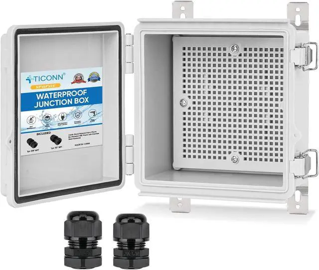 Main image of TICONN Waterproof Electrical Junction Box IP67 ABS Plastic Enclosure with Hinged Cover with Mounting Plate, Wall Brackets, Cable Glands (Off-White, 5.9"x5.9"x3.5")