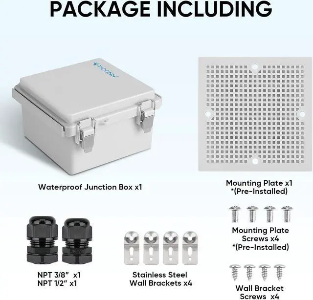 Alt view image 6 of 7 - TICONN Waterproof Electrical Junction Box IP67 ABS Plastic Enclosure with Hinged Cover with Mounting Plate, Wall Brackets, Cable Glands (Off-White, 5.9"x5.9"x3.5")