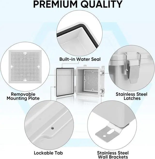 Alt view image 5 of 7 - TICONN Waterproof Electrical Junction Box IP67 ABS Plastic Enclosure with Hinged Cover with Mounting Plate, Wall Brackets, Cable Glands (Off-White, 5.9"x5.9"x3.5")
