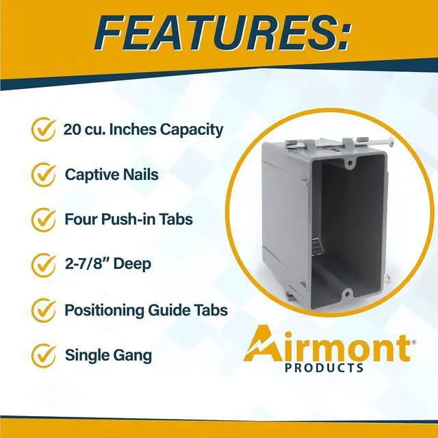 Alt view image 2 of 7 - (Pack of 16) Plastic Electrical Box, Grey Outlet Box, Single Gang New Work Junction Box, Captive Nails, 20 cu. Inches, Length 3-5/8'', Width 2-1/8'', Depth 3-1/4''