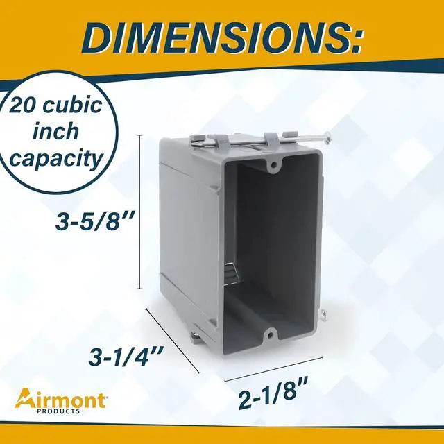 Alt view image 3 of 7 - (Pack of 16) Plastic Electrical Box, Grey Outlet Box, Single Gang New Work Junction Box, Captive Nails, 20 cu. Inches, Length 3-5/8'', Width 2-1/8'', Depth 3-1/4''