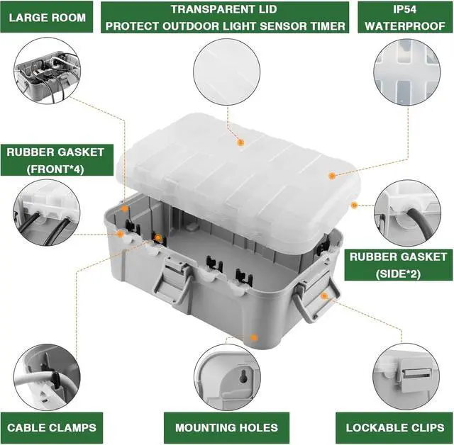 Alt view image 4 of 7 - Flemoon Large Outdoor Electrical Box with Transparent Lid, IP54 Waterproof Box with Clear Cover, Weatherproof Extension Cord Cover for Photocell Light Sensor Timer, Power Strip, Outlet, Plug, Socket