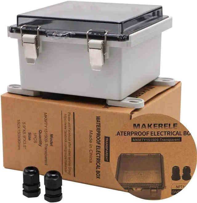 Main image of MAKERELE Small Junction Box Plastic Hinged Cover Transparent Lid IP67 Outdoor Electrical Project with Plastic Enclosure 5.9×5.9×3.5 inch(150×150×90mm)