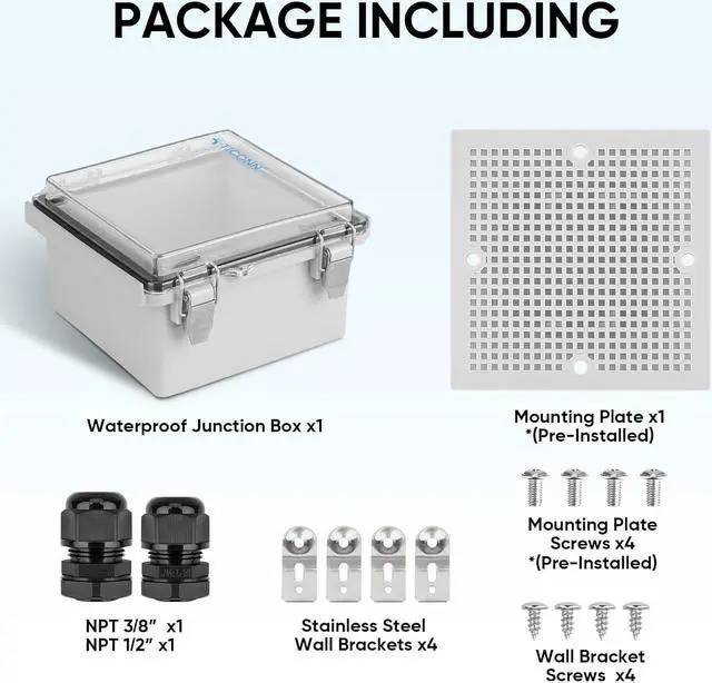 Alt view image 6 of 7 - TICONN Waterproof Electrical Junction Box IP67 ABS Plastic Enclosure with Hinged Cover with Mounting Plate, Wall Brackets, Cable Glands (Clear, 5.9"x5.9"x3.5")