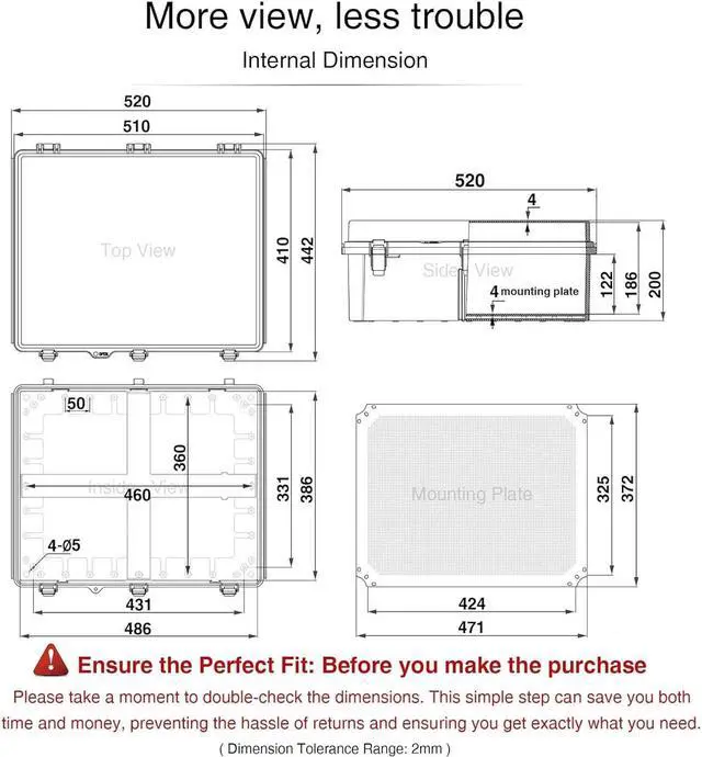 Alt view image 6 of 7 - QILIPSU Waterproof Junction Box IP67 Outdoor Plastic Electrical Project Enclosure Weatherproof with Mounting Plate, Wall Brackets, Hinged Grey Cover 20"x16.1"x7.9"