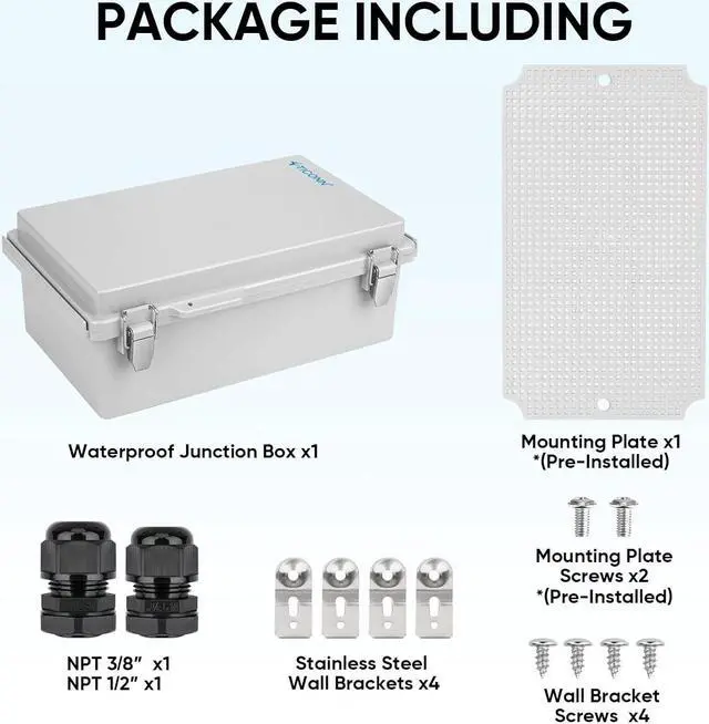 Alt view image 6 of 7 - TICONN Waterproof Electrical Junction Box IP67 ABS Plastic Enclosure with Hinged Cover with Mounting Plate, Wall Brackets, Cable Glands (Off-White, 10.2"x6.3"x3.9")