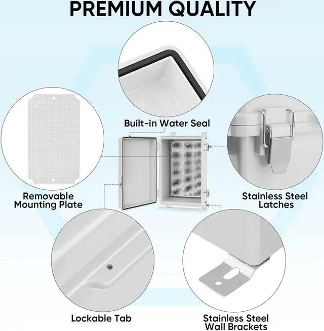 Alt view image 4 of 7 - TICONN Waterproof Electrical Junction Box IP67 ABS Plastic Enclosure with Hinged Cover with Mounting Plate, Wall Brackets, Cable Glands (Off-White, 10.2"x6.3"x3.9")