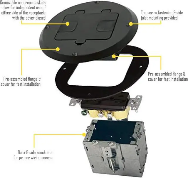 Alt view image 7 of 7 - RACO 6239BK Floor Kit with Recessed Duplex 15A TR Device and Adjustable Steel Box, 1-Gang, Black