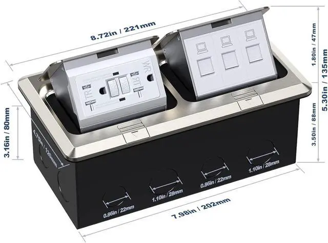 Alt view image 4 of 6 - KYHSHJ Dual Pop-Up Floor Electrical Outlet Box Kit20 Amp Stainless Steel GFCI TR Receptacle Outlet3-Port RJ45 Datacom ReceptacleWaterproof Gasket with IP44 Waterproof Rating, Stainless Steel Color