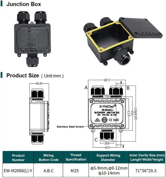 Alt view image 2 of 6 - Waterproof Junction Box, IP68 Outdoor Junction Box, 2 PCS 3 Way Plug Line External Junction Box, M25 Plastic Electrical Junction Box Suitable for Tunnel Lights, Garden Lights, Landscape Lights