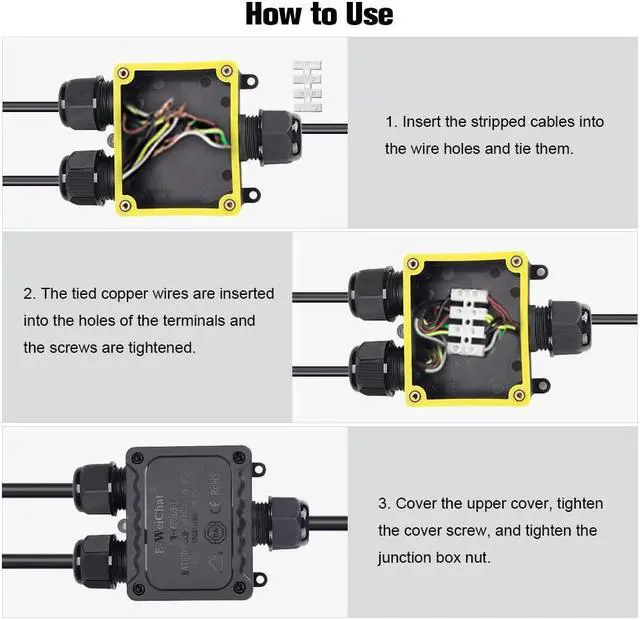Alt view image 4 of 6 - Waterproof Junction Box, IP68 Outdoor Junction Box, 2 PCS 3 Way Plug Line External Junction Box, M25 Plastic Electrical Junction Box Suitable for Tunnel Lights, Garden Lights, Landscape Lights