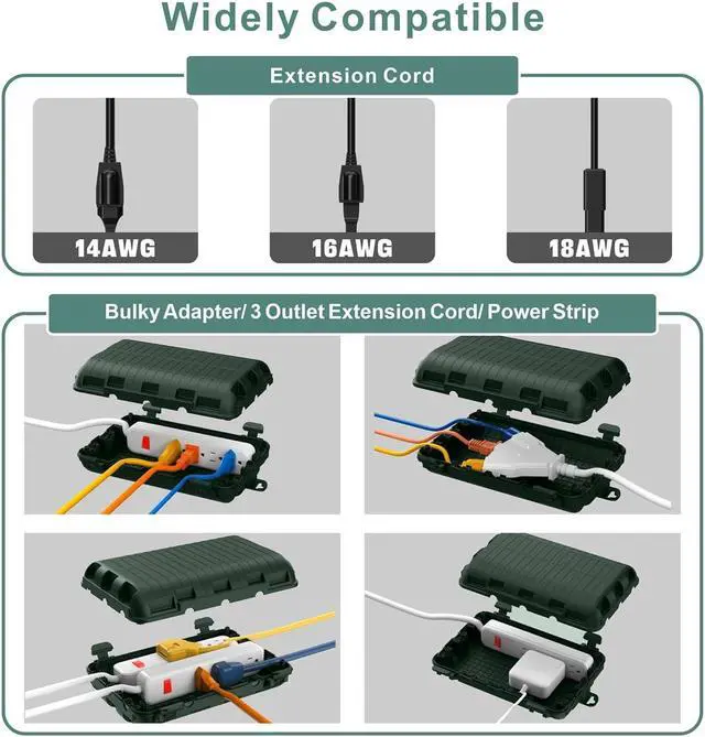 Alt view image 2 of 7 - Outdoor Waterproof Electrical Box, 2 Pack Large Extension Cord Cover Protector Plug Connection Cable Safety Box IP54 Water-Resistant for Power Strip, Holiday Light and Decorations, Green