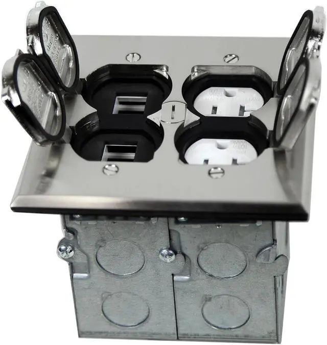 Main image of Enerlites 975549-S-D Nickel Plated Brass 2-Gang Floor Box Flip Open Assembly, 20A Tamper Weather Resistant Duplex Electrical Outlet, RJ45 Ready Data Ports,