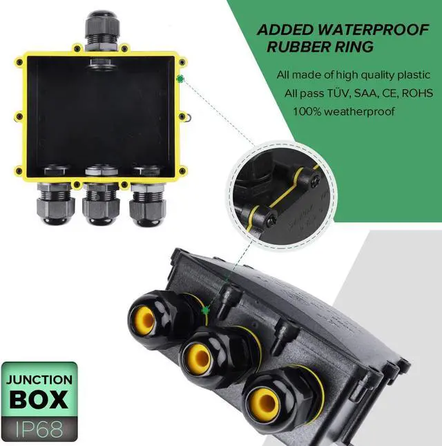 Alt view image 4 of 7 - La Vane IP68 Waterproof 4 Way Electrical Junction Box for Ø5-12mm Cable | TUV VDE CE, ABS+PVC, dust/fireproof, with Cable Gland & Terminals, Large interior for Indoor & Outdoor Lighting Garden Farm