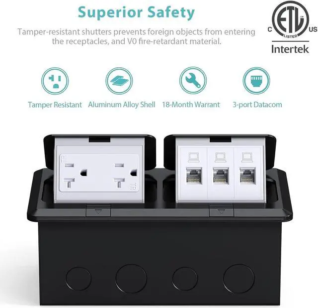 Alt view image 2 of 7 - WEBANG Dual Pop-Up Floor Box Electrical Kit, 20A Tamper Resistant Duplex Receptacle Outlet, 3-Port RJ45 Datacom Receptacle, Black