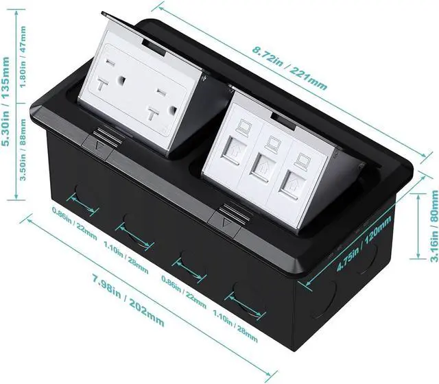 Alt view image 4 of 7 - WEBANG Dual Pop-Up Floor Box Electrical Kit, 20A Tamper Resistant Duplex Receptacle Outlet, 3-Port RJ45 Datacom Receptacle, Black