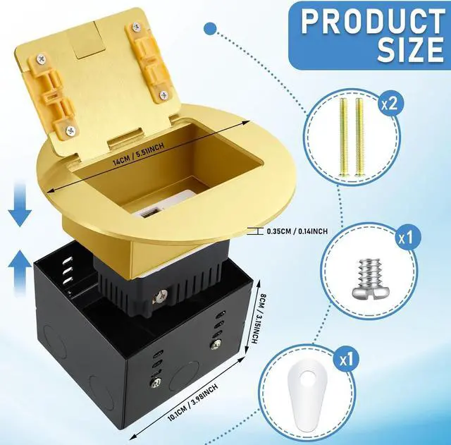 Alt view image 2 of 7 - Kanayu Gold Recessed Floor Outlet 3.98"x3.66"x3.15" 1-Gang with 4.8a USB Chargers 20 Amp Floor Receptacles Round Outlet Kit Electrical Waterproof Box, Etl Listed