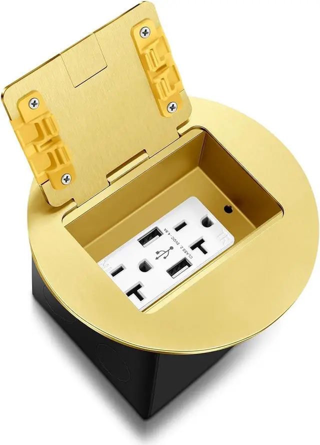 Main image of Kanayu Gold Recessed Floor Outlet 3.98"x3.66"x3.15" 1-Gang with 4.8a USB Chargers 20 Amp Floor Receptacles Round Outlet Kit Electrical Waterproof Box, Etl Listed