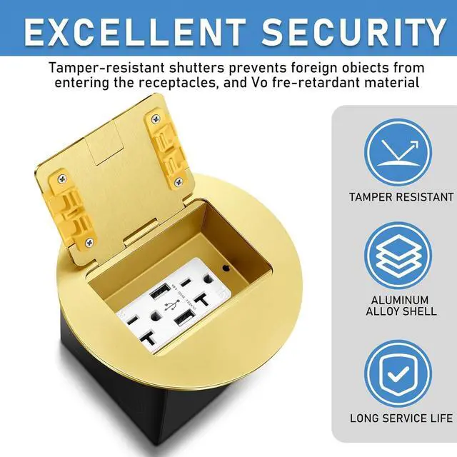 Alt view image 3 of 7 - Kanayu Gold Recessed Floor Outlet 3.98"x3.66"x3.15" 1-Gang with 4.8a USB Chargers 20 Amp Floor Receptacles Round Outlet Kit Electrical Waterproof Box, Etl Listed