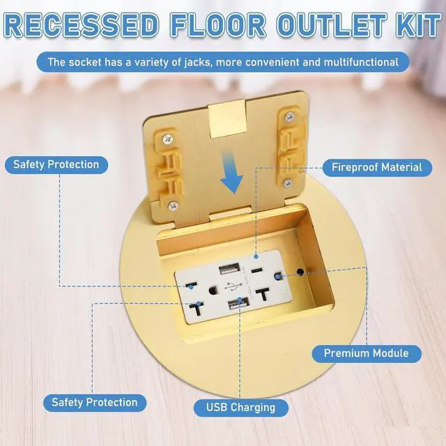 Alt view image 4 of 7 - Kanayu Gold Recessed Floor Outlet 3.98"x3.66"x3.15" 1-Gang with 4.8a USB Chargers 20 Amp Floor Receptacles Round Outlet Kit Electrical Waterproof Box, Etl Listed