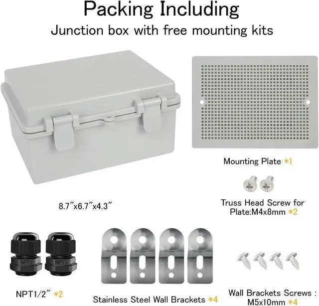 Alt view image 5 of 7 - Junction Box IP65 Waterproof Electrical Box Outdoor ABS Plastic Project Box Hinged Shell Universal Enclosure Box with Mounting Plate, Wall Brackets, Cable Glands 8.7"x 6.7" x 4.3"