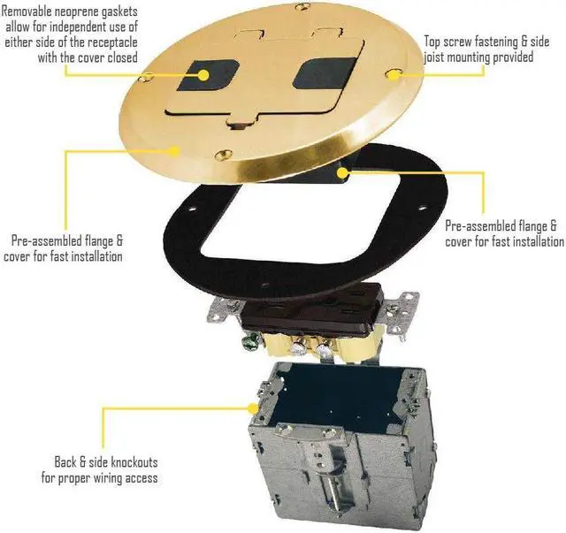 Alt view image 7 of 7 - RACO 6239BP Floor Kit with Recessed Duplex 15A TR Device and Adjustable Steel Box, 1-Gang, Brass