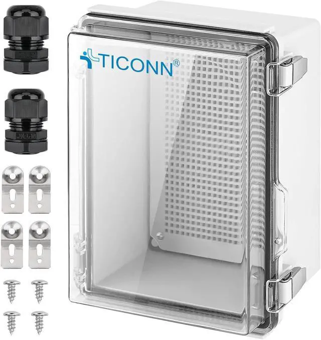 Main image of TICONN Outdoor Electrical Box Waterproof, Junction Box IP67 ABS Plastic Enclosure with Hinged Cover with Mounting Plate, Wall Brackets, Cable Glands (Clear, 11"x7.5"x5.5")