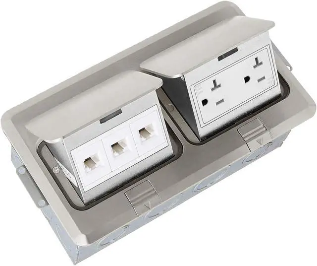 Main image of ENERLITES 662301-S-D Floor Box Electrical Kit 2 Gang 20A Tamper / Weather Resistant Duplex Receptacle, Datacom Ports - Nickel Plated Brass, Steel