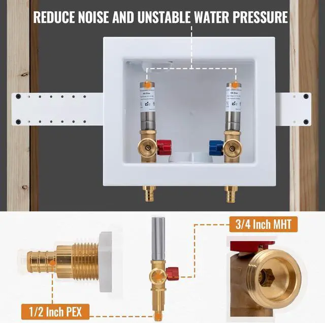 Alt view image 2 of 7 - SUNGATOR Washing Machine Laundry Outlet Box, Washer Water Valve Wall Box with Center Drain, 1/2 Inch Pex Crimp Inlet x 3/4 Inch MHT Outlet, with Stainless Steel Water Hammer Arrestor and 4 Crimp Rings