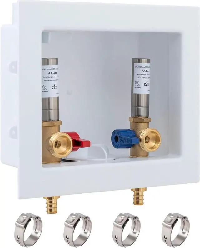 Main image of SUNGATOR Washing Machine Laundry Outlet Box, Washer Water Valve Wall Box with Center Drain, 1/2 Inch Pex Crimp Inlet x 3/4 Inch MHT Outlet, with Stainless Steel Water Hammer Arrestor and 4 Crimp Rings