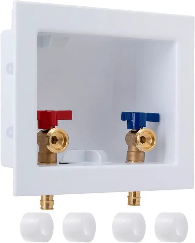 Main image of SUNGATOR Pex A Washer Box, 1/2 Inch Pex A Expansion Inlet x 3/4 Inch MHT Outlet, Washing Machine Laundry Outlet Box with Brass Valves Installed and 4 Expansion Rings