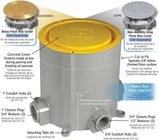 Alt view image 4 of 7 - RACO 5511 Round Nonmetallic Floor Box for Concrete Pour 3/4 in. and 1 in. Hubs, 5 in. Inside Dia, Gray