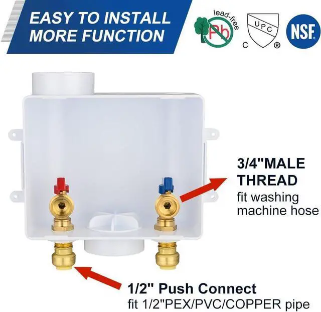 Alt view image 2 of 6 - EFIELD Universal Washing Machine Outlet Box,1/2-inch Push-fit Inlet x 3/4 inch MHT Outlet Connection, Center Drain