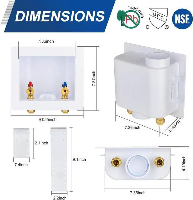 Alt view image 3 of 6 - EFIELD Universal Washing Machine Outlet Box,1/2-inch Push-fit Inlet x 3/4 inch MHT Outlet Connection, Center Drain
