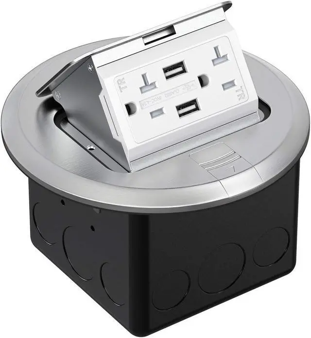 Main image of WEBANG Round Pop Up Floor Outlet Box with 20 Amp USB Tamper-Resistant TR Receptacle Outlet, Corrosive Resistant Hardware, ETL Listed, Silver