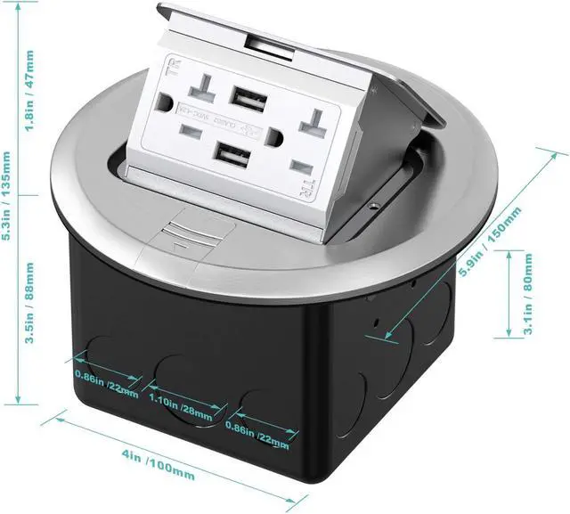 Alt view image 3 of 6 - WEBANG Round Pop Up Floor Outlet Box with 20 Amp USB Tamper-Resistant TR Receptacle Outlet, Corrosive Resistant Hardware, ETL Listed, Silver