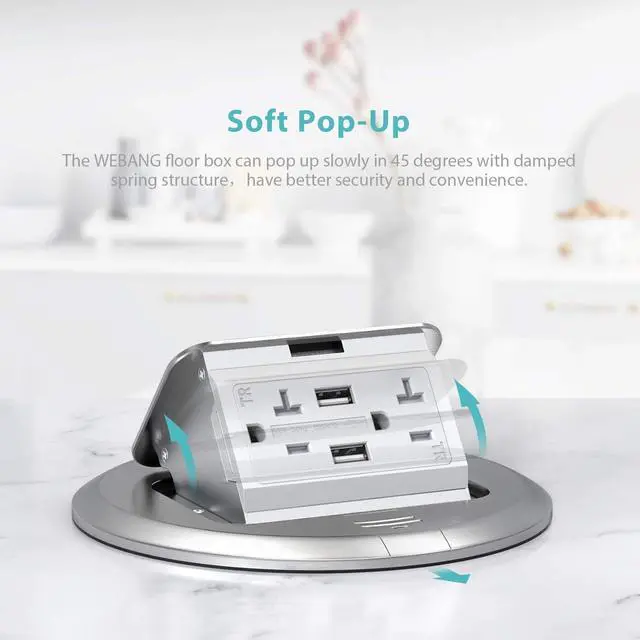 Alt view image 5 of 6 - WEBANG Round Pop Up Floor Outlet Box with 20 Amp USB Tamper-Resistant TR Receptacle Outlet, Corrosive Resistant Hardware, ETL Listed, Silver